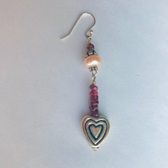 Sterling Silver Heart, Pearl & Garnet Dangle Earrings - Picture 2 of 7